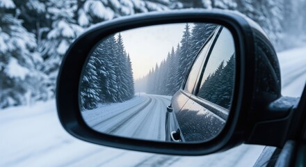 Obraz premium A snowy road captured in a car's side mirror, showcasing winter's chill and beauty.