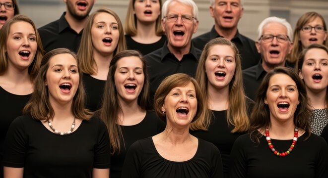 Diverse choir singing in harmony with caucasian adults and seniors