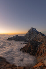 Scenic view of the Monviso in the Cottian Alps (3841 m), against a colorful sky during sunrise. Piedmont, Italy.

