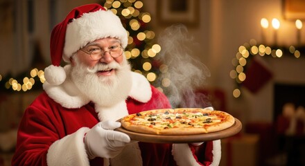 Cheerful Santa Claus holds a steaming pizza in a festive holiday setting.
