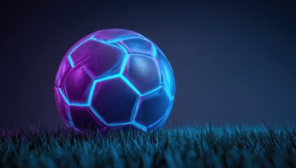 Fototapeta premium A soccer ball glows with neon light, resting on grass, against a dark gradient