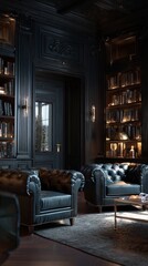 Elegant Reading Room With Dark Wood, Plush Seating and Impressive Bookshelf Design