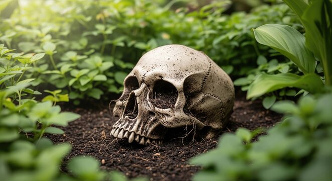 An eerie skull partially buried in lush green foliage, symbolizing nature and decay.