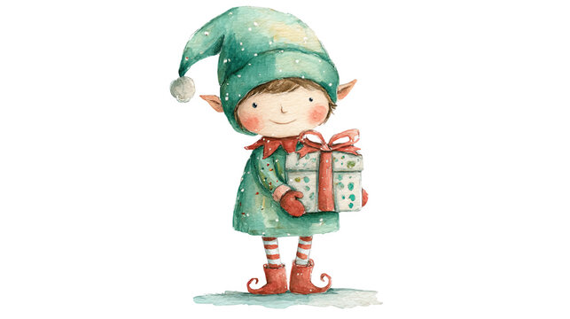 Watercolor Christmas elf holding wrapped gift, transparent background