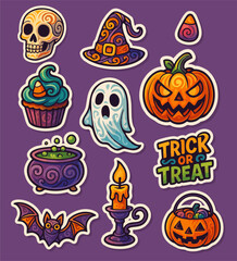 Colorful Halloween sticker set featuring pumpkins, ghosts, candy, witch hats, bats, and 'Trick or Treat' text on a purple background.