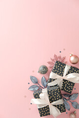 Stylish Christmas composition for seasonal greeting or design. Pink festive flat lay with black...