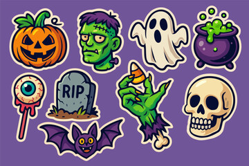 Colorful Halloween sticker set featuring pumpkins, ghosts, candy, witch hats, bats, and 'Trick or Treat' text on a purple background.