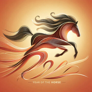 Dynamic leaping horse illustration in brown and orange flowing lines against a warm background
