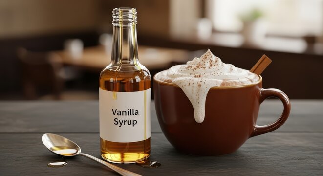 Steaming hot coffee with whipped cream and cinnamon beside a bottle of vanilla syrup