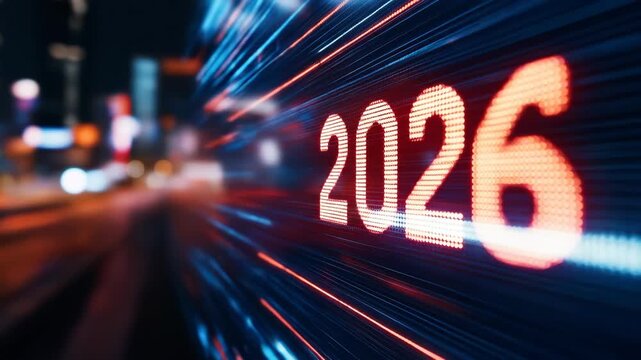 Year 2026 displayed in illuminated red digits with a linear blue abstract pattern suggesting speed and futuristic concept blurred city lights visible in the background at night
