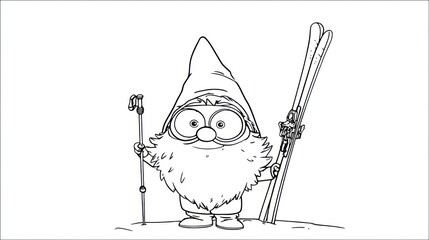 A cartoon gnome with a pointy hat, skis, and poles stands ready for winter fun