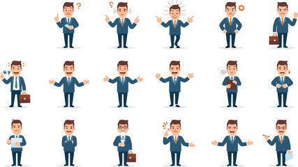 Cartoon Businessman Facial Expressions and Body Language Showing Emotions, Stress, Confusion, Success, Presentation, Thinking, Time, Money, Mood