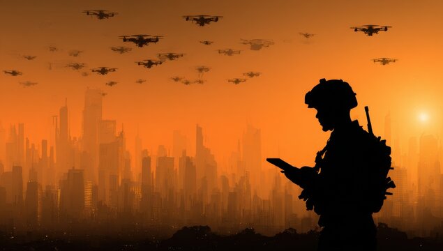 silhouetted soldier wearing a helmet is using a tablet