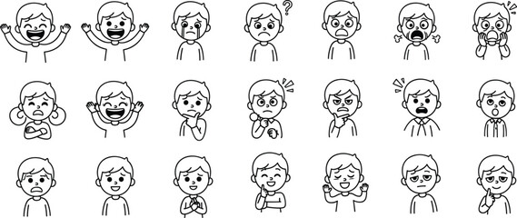 Cartoon Child Facial Expressions and Body Language Showing Emotions, Reactions, Mood, Crying, Thinking, Anger, Surprise, Determination