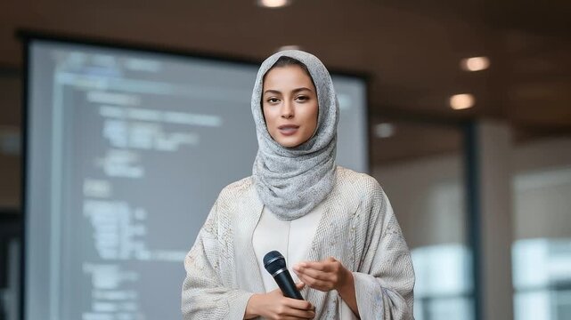 A Saudi female software engineer in hijab giving a presentation on Python functions to her team