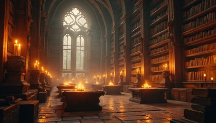 Obraz premium Ancient library interior illuminated by candlelight, with rows of wooden bookshelves filled with antique books. Large gothic windows filter soft daylight, creating magical atmosphere for study,