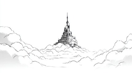 Naklejka premium Imposing castle structure rises from soft, ethereal clouds in an artistic sketch