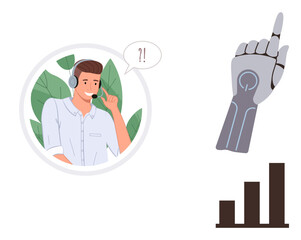 Customer service representative wearing headset communicating, robotic hand pointing upwards, and bar chart progress. Ideal for technology, AI, customer service, innovation, communication, growth