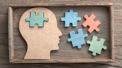 Wooden head with puzzle pieces communicating cognitive training learning therapy and the process of building memory and mental skills.
