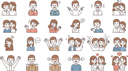 Cartoon Characters Expressing Emotions and Social Interactions—Happiness, Sadness, Anger, Confusion, Hugging, Comforting, Thinking, Crying, Cheering, Love