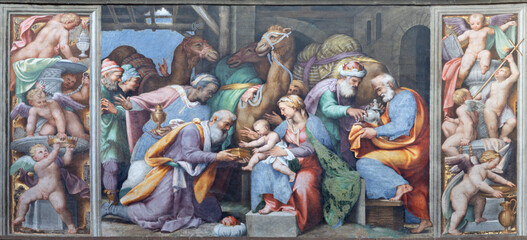 Piacenza - The renaissance fresco of Tree Magi in the church Basilica di Santa Maria di Campagna by...