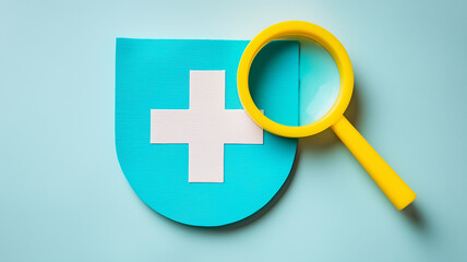 Fototapeta premium Magnifying glass inspecting a medical shield with a cross, representing healthcare audit patient safety and compliance assurance 