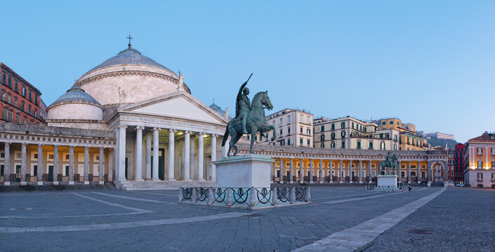 Neaples - The Basilica Reale Pontificia San Francesco da Paola and monument to Charles VII of Naples  - Piazza del Plebiscito square at the morning dusk.