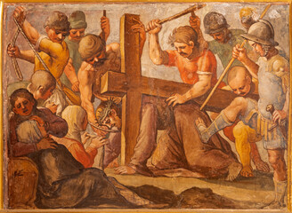 Obraz premium Naples - The fresco of Fall of Jesus under the cross in church Chiesa Pieta dei Turchini by unknown artis ot 18. cent.