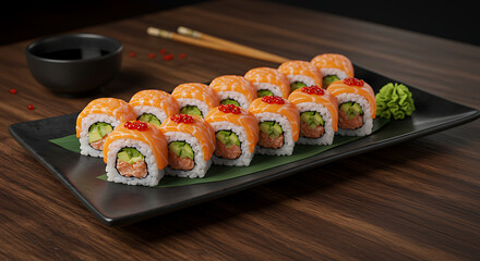 Delicious Salmon Sushi Roll Platter with Roe, Wasabi, and Soy Sauce - Fresh Asian Cuisine