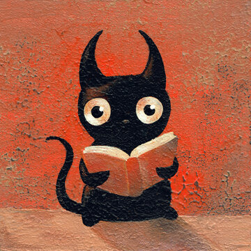 Cute little Monster with big eyes reading a book, Funny Halloween Character