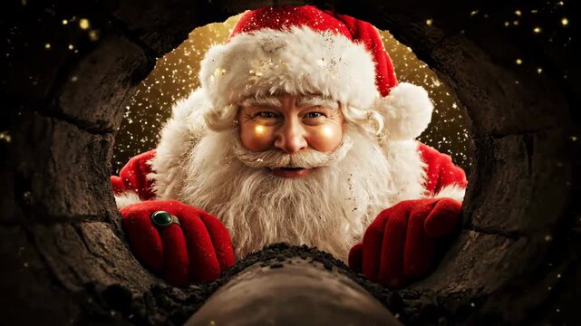 Santa claus entering a chimney to deliver gifts for Christmas. Holiday celebration and tradition concept. Festive footage.