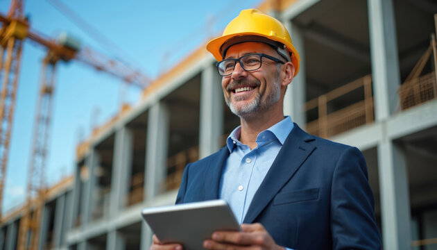 Middle-aged architect in suit and yellow hard hat smiles, holding tablet on construction site. Blue sky background with cranes and building structure. Professional man plans building project.