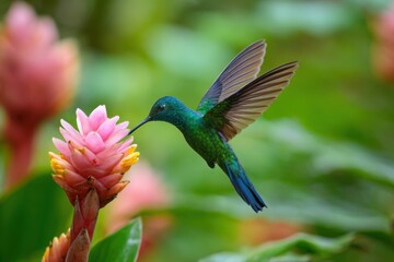 green hummingbird with iridescent wings hovering near a pink flower