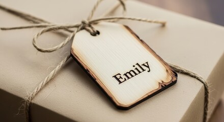 Gift box with personalized wooden tag featuring name 'emily'