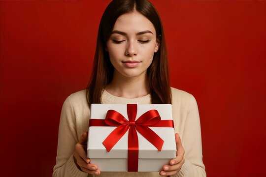 Elegant woman in light sweater holding white gift box with red ribbon on red background, minimalist Christmas studio portrait.