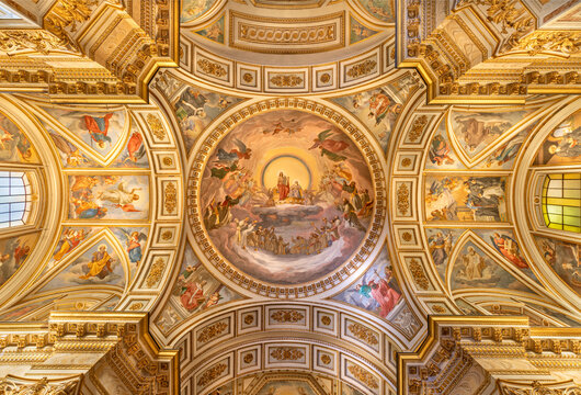 CAVA DE TIRRENI, ITALY - OCTOBER 7, 2025: The fresco of Vision of Apokalypse from St. John - Christ Opens the Book with  in Seven Seals - Abbazia Santissima Trinita by Vincenzo Morani (cca 1860).