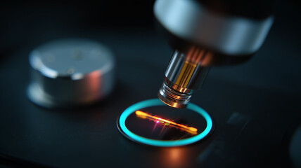 Microscope examining a microchip on a lab slide showing precision research and advanced nanotechnology for next generation devices.
