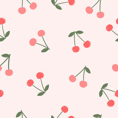 Seamless cherry pattern on pink background. Vector illustration for printing. Cute baby background.