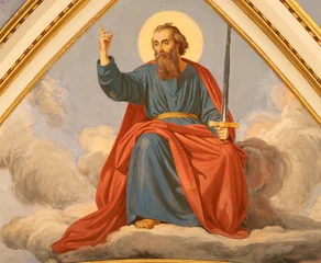 Schilderijen op glas Jezus Christus CAVA DE TIRRENI, ITALY - OCTOBER 7, 2025: The ceiling fresco of St. Paul the apostle in the church Abbazia Santissima Trinita by Vincenzo Morani (cca 1860).  © Renáta Sedmáková