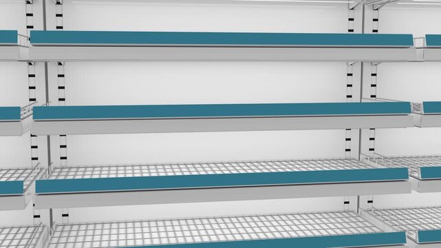 Sliding movement along refrigerator mesh empty shelves with blue shelf talkers. 3d animation