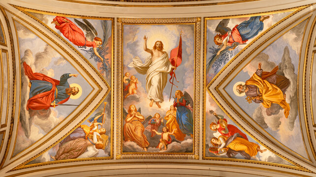 CAVA DE TIRRENI, ITALY - OCTOBER 7, 2025: The ceiling fresco of Resurrected Jesus with the apostles St. Peter and Paul in the church Abbazia Santissima Trinita by Vincenzo Morani (cca 1860).