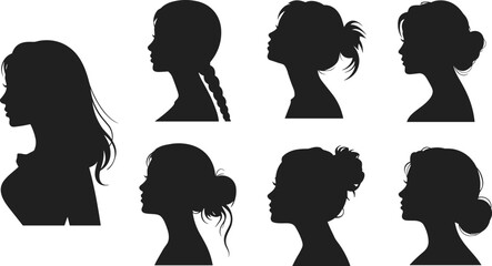 Female hairstyle silhouette, black profile vector, woman head side view, diverse haircuts, elegant beauty design, fashion icon, flat vector illustration