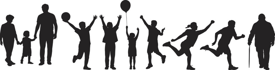 Human life stages, childhood to old age, aging process, silhouette figures, development timeline, flat vector illustration, growth, evolution, journey, aging