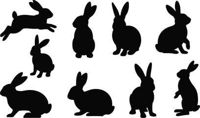 Rabbit silhouettes in various poses, black animal shapes, leaping, sitting, crouching, standing, pet bunny icons, flat vector illustration