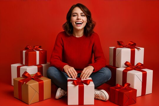 Joyful young woman in red sweater sitting surrounded by wrapped Christmas gifts on red background, cheerful holiday portrait.