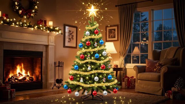 Christmas tree appearing in a cozy living room with a fireplace, with decorations materializing around it, time lapse video
