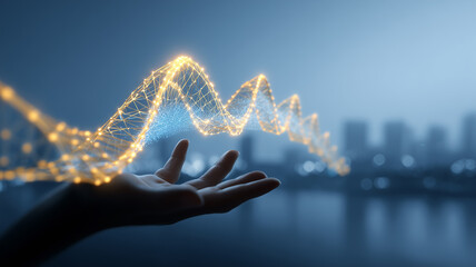 A graceful stream of points rising from a hand illustrates data analytics in motion, symbolizing insight forecasting and intelligent decisions powered by machine learning.
