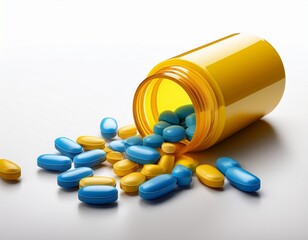 open yellow pill jar spilling blue and yellow tablets onto a clean white backdrop suggests pharmaceuticals for healthcare needs