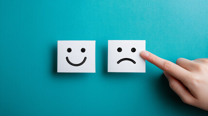 Finger choosing between happy and sad faces on feedback cards illustrating customer satisfaction rating sentiment analysis and service quality decisions.
