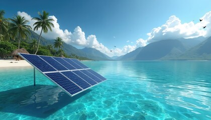 Fototapeta premium Solar panel installed offshore on tropical island. Renewable energy system floats in turquoise ocean water near sandy beach, palm trees, mountains. Clean energy solution for remote paradise vacation